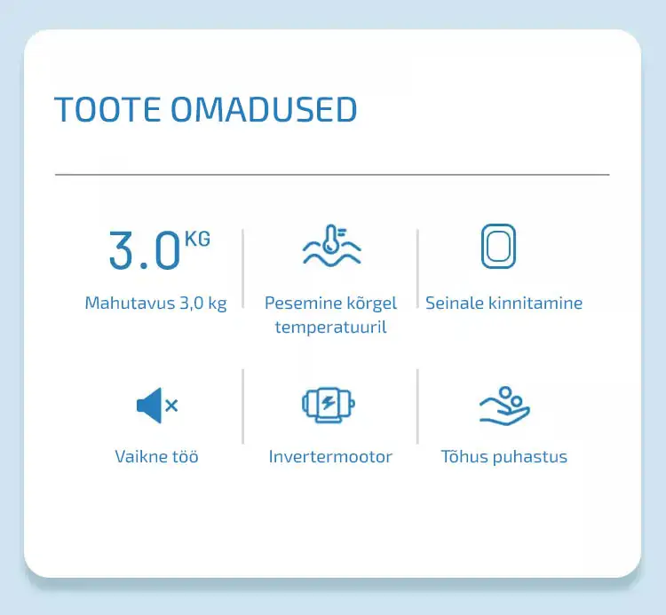 Seinale kinnitatud  pesumasin Toote omadused Mahutavus 3,0 kg Pesemine kõrgel temperatuuril Seinale kinnitamine Vaikne töö Invertermootor Tõhus puhastus